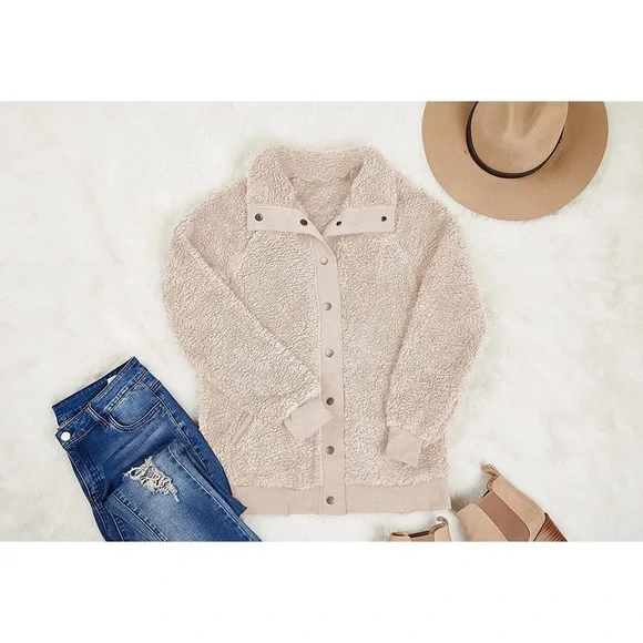 Sherpa Fleece Jacket Warm Long Sleeve Button Down Fuzzy Faux Wool with Pockets S - Picture 6 of 12